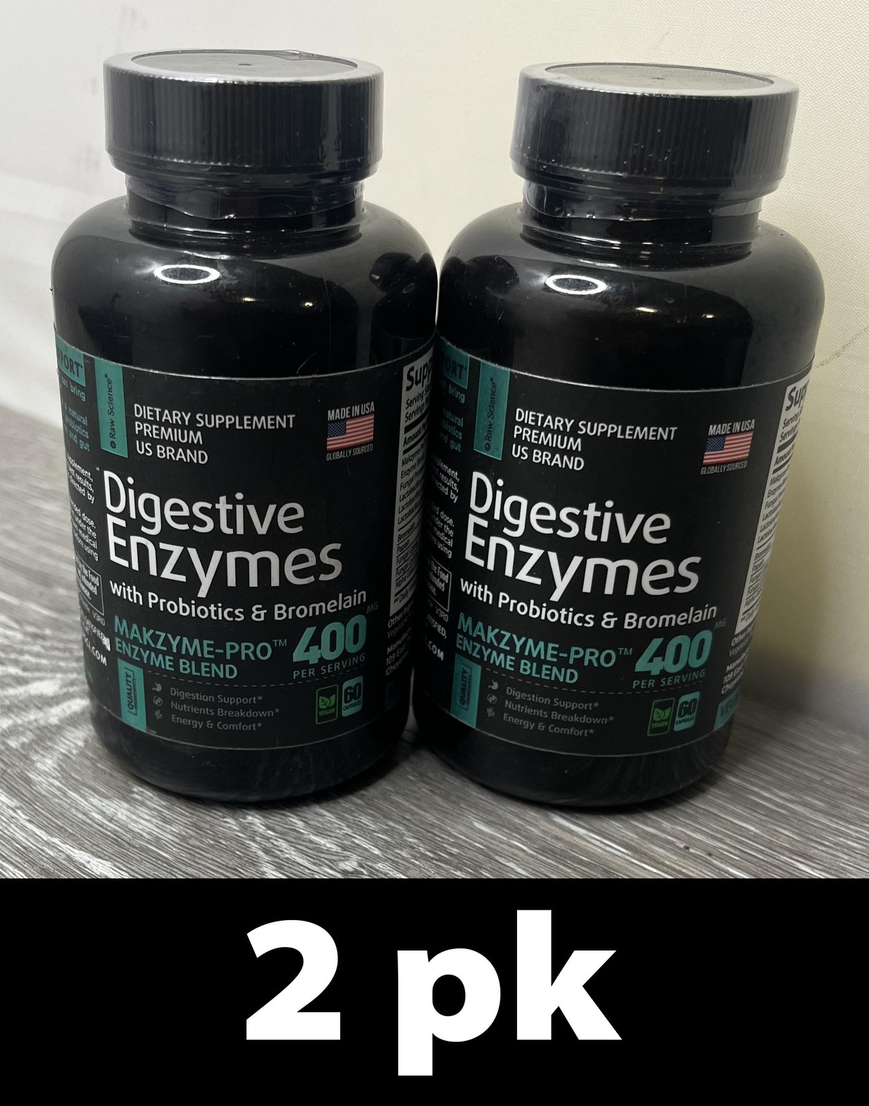 2pk Digestive Enzymes with Probiotics & Bromelain 400mg 60 Caps each Exp 7/26
