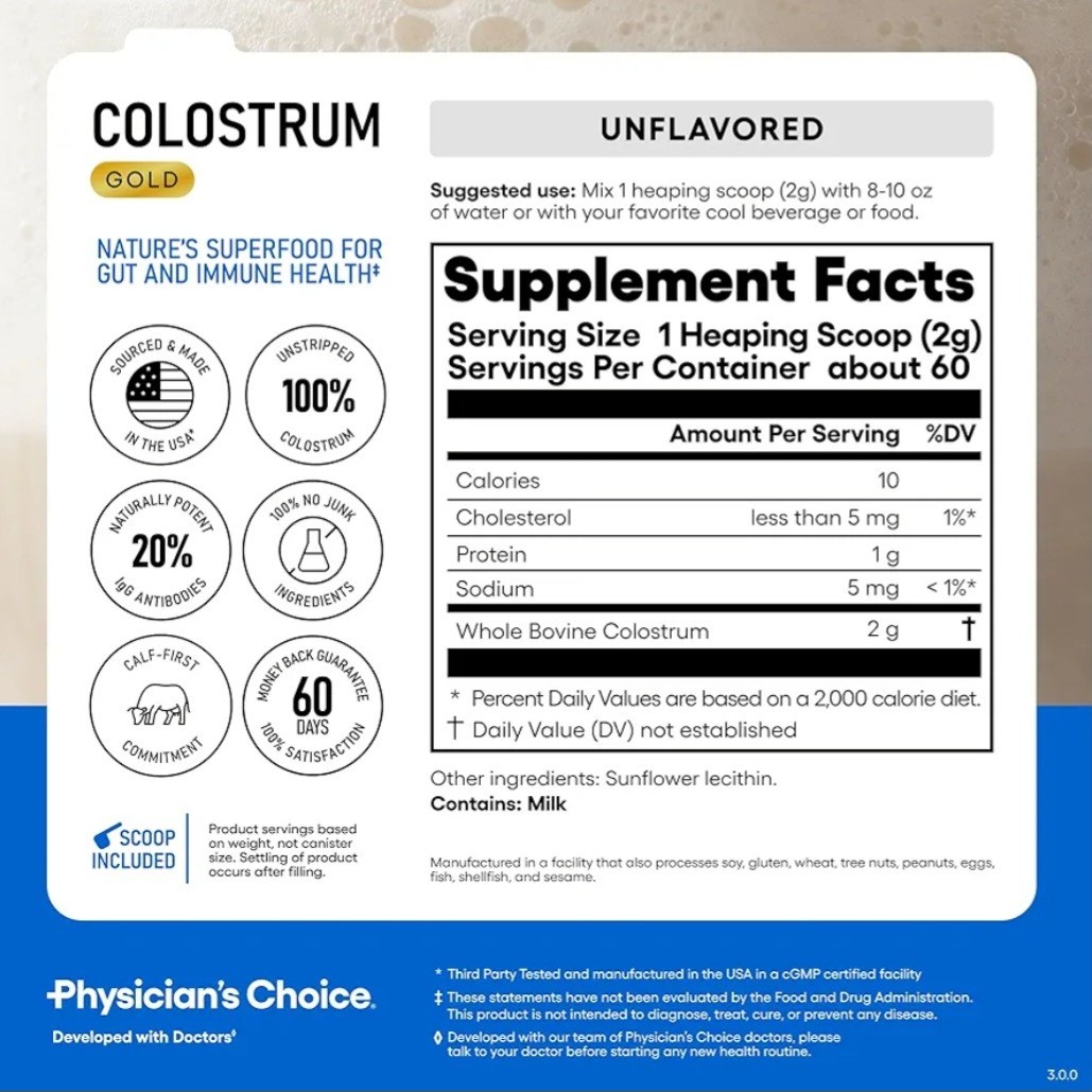 Physician’s CHOICE Colostrum Gold Powder First-Day Milking Gut & Immune 60 Serv