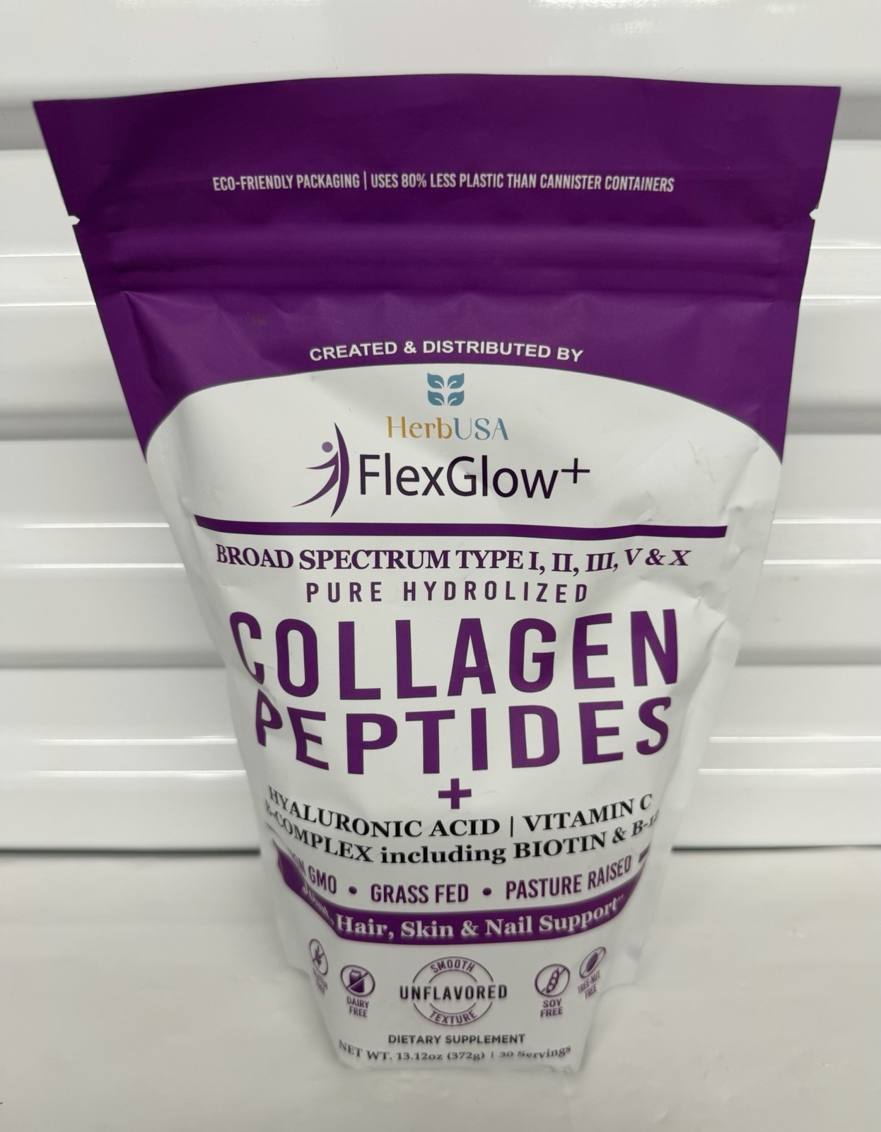 HerbUSA FlexGlow+ Collagen Peptides Type I II III V X Hyaluronic Acid 30 Serv