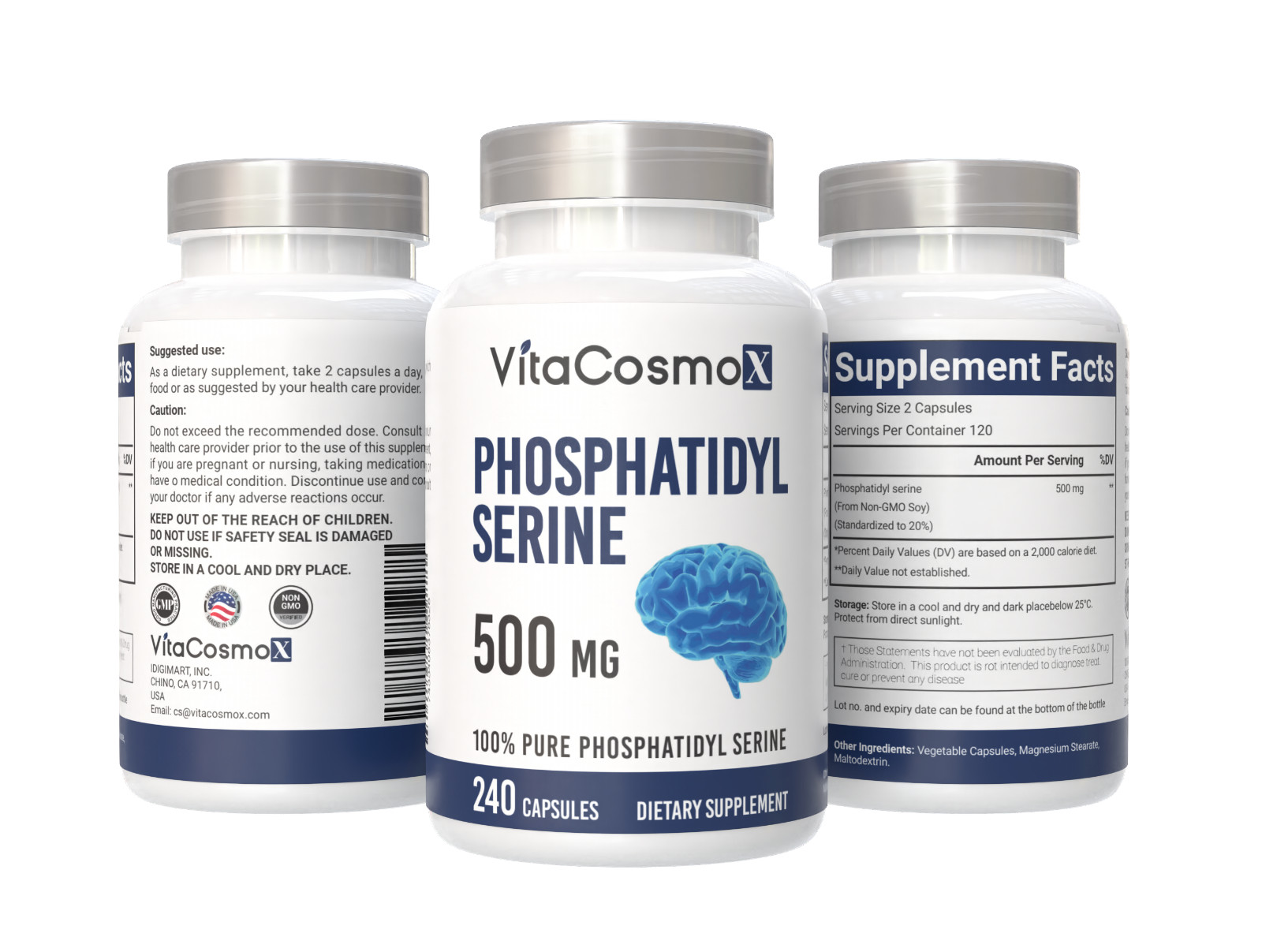 VitaCosmoX Phosphatidylserine 500mg, 240 Capsules, 120 Servings, Soy Free