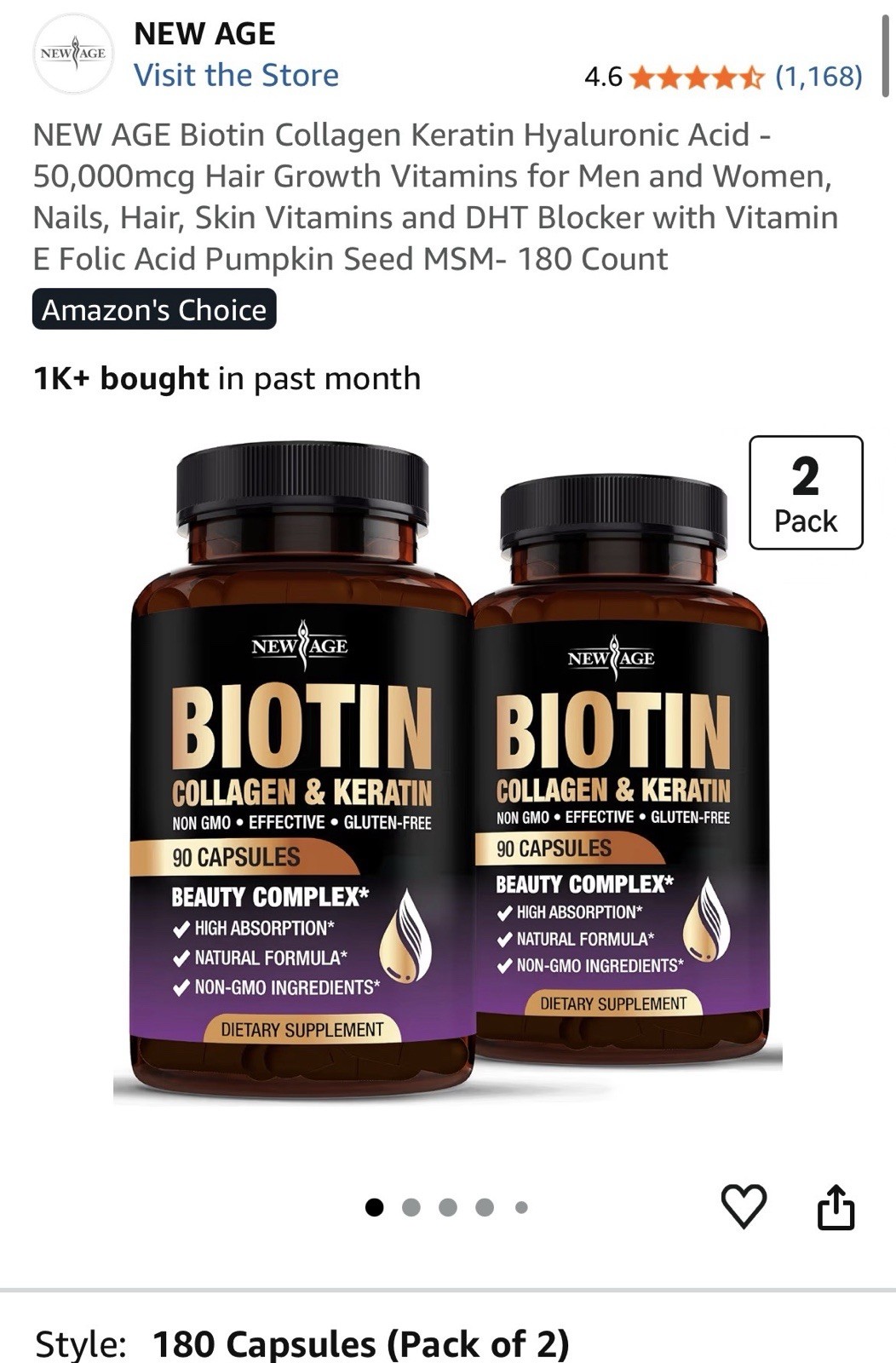 2 PACK of New Age Biotin Collagen & Keratin 50,000mcg 180 Caps Non-GMO Exp 06/27