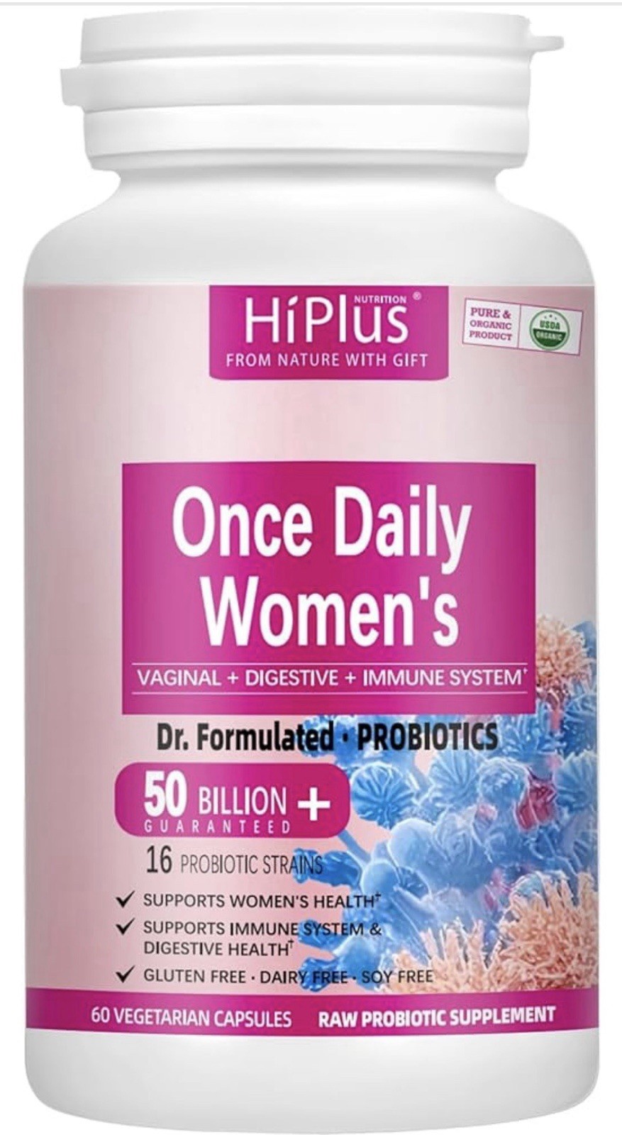 HiPlus Women’s Probiotic 50 Billion CFU 16 Strains Vegetarian Capsules 60 Count