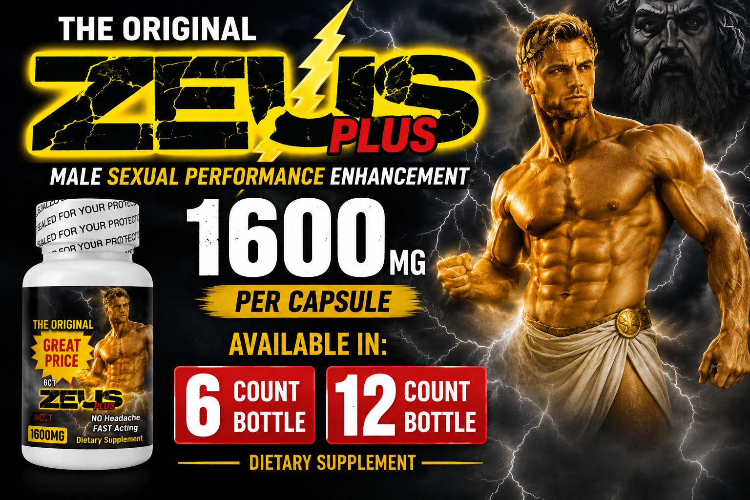 Zeus 1600mg Male Vitality & Stamina Support– Choose 6 Count or 12 Count Bottle