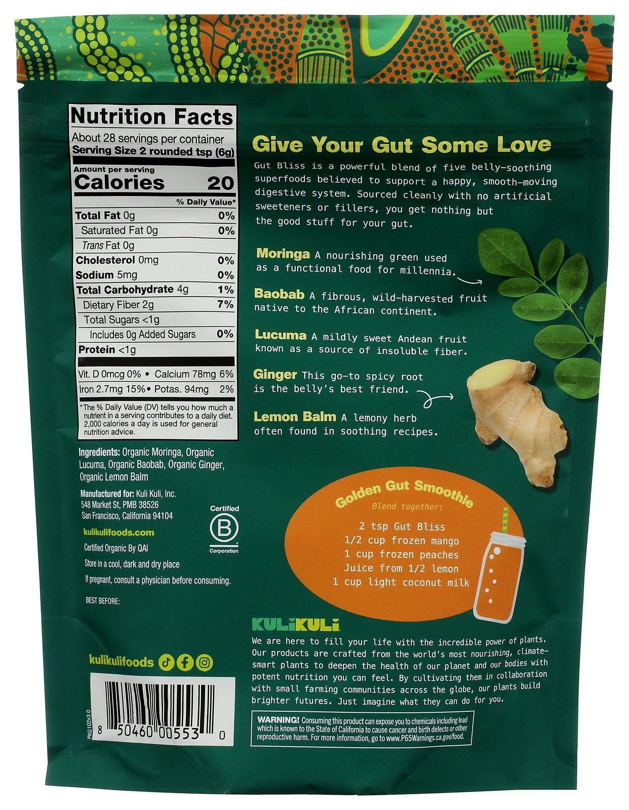 Kuli Organic Gut Bliss Superfood Powder 6 Oz 1 Pack