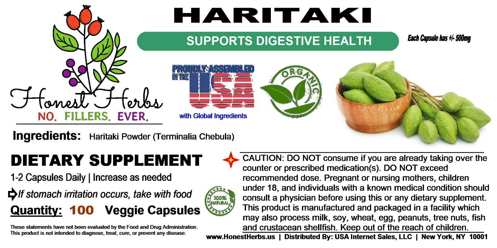 Herbal Haritaki Capsules- Fruit Powder – Veggie Cap – 500mg
