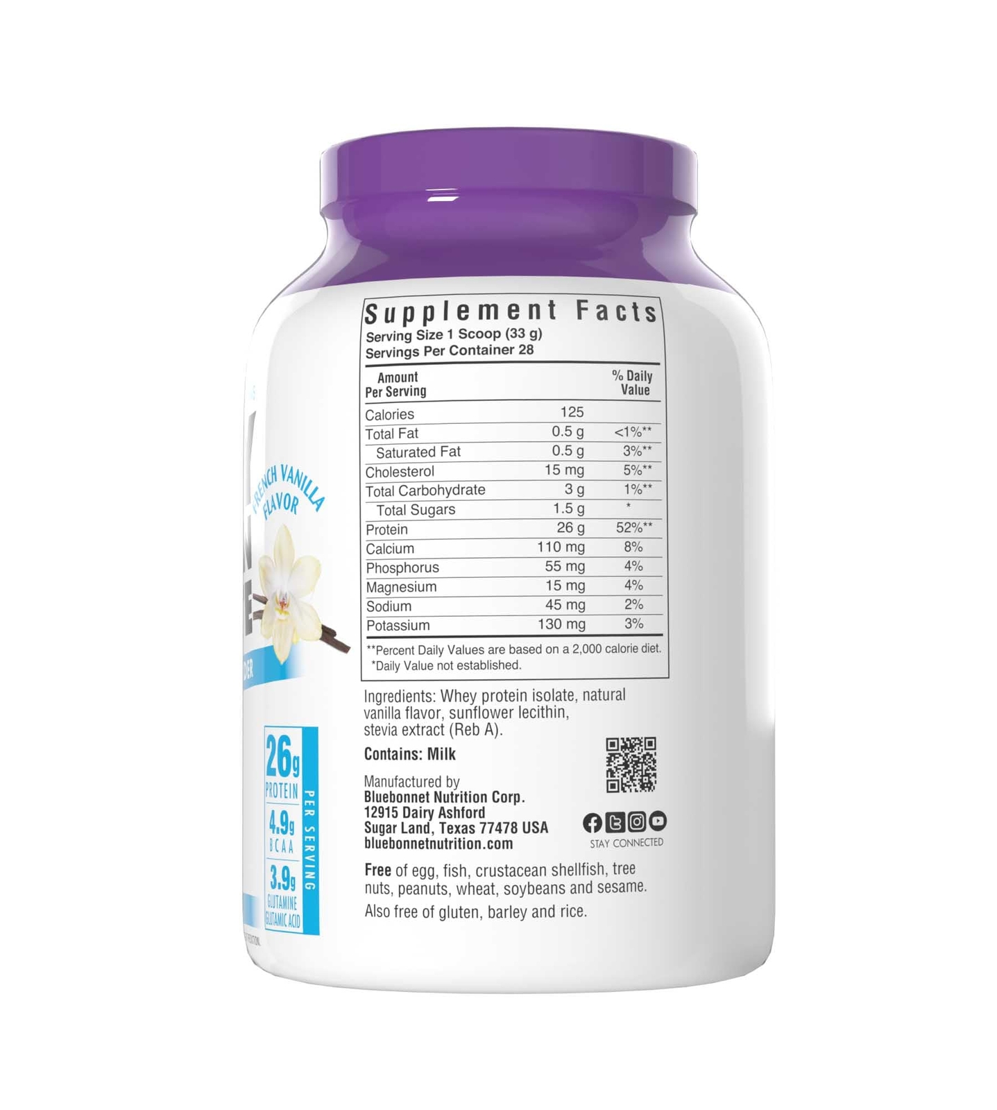 Bluebonnet 100 Natural Whey Protein Isolate 2 lb Grass Fed No Sugar Added
