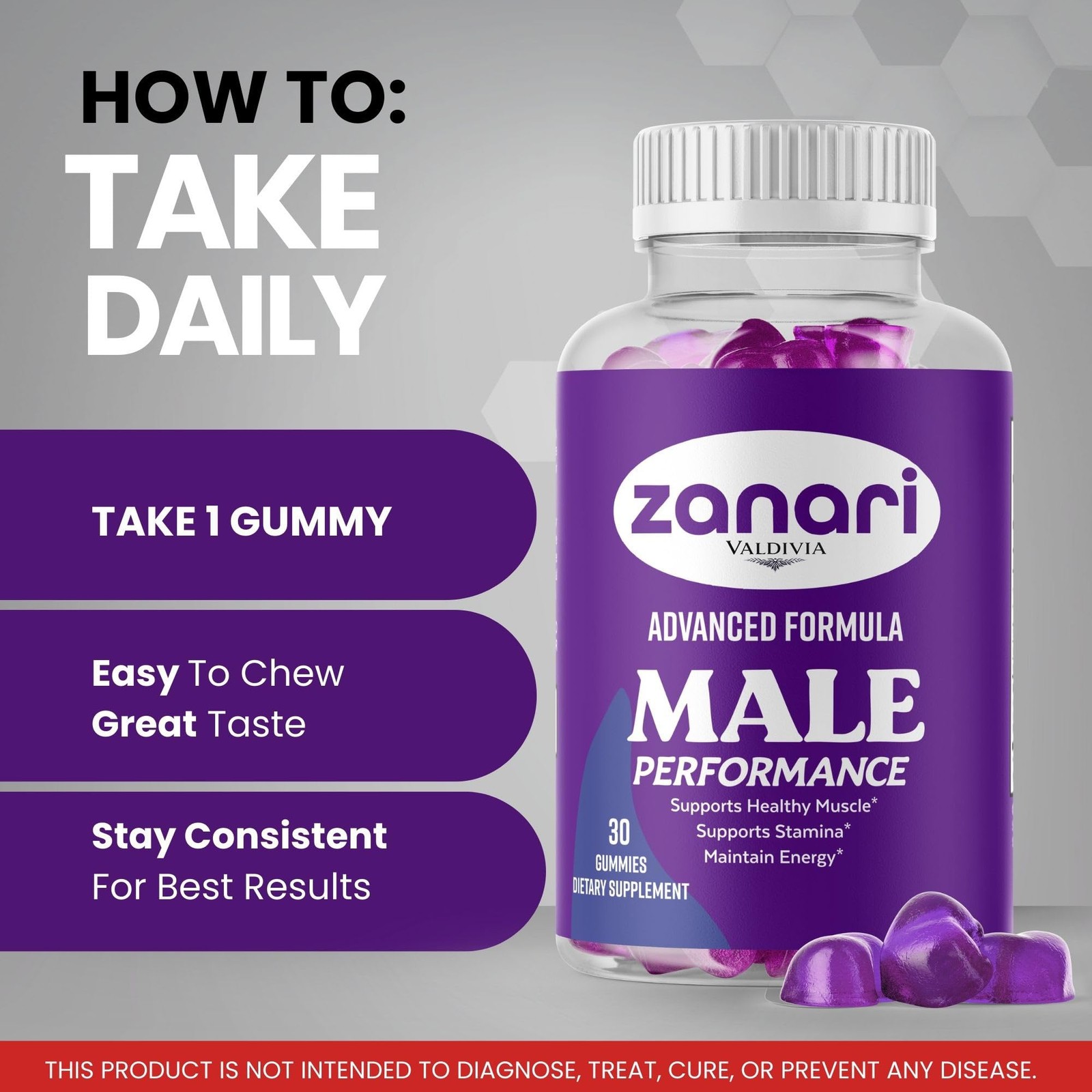 Zanari Men Daily Wellness Gummies Energy Vitality Support 1 Pack 30Gt