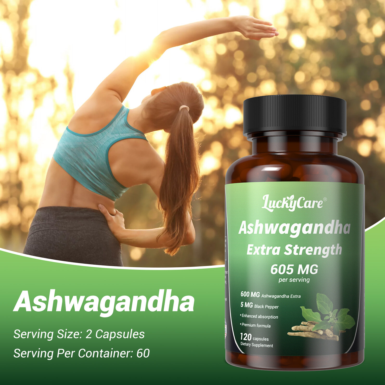 Organic Ashwagandha Capsules 605MG with Black Pepper Root Powder 120 Capsules