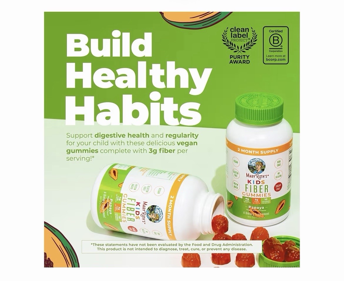 MaryRuth’s Kids Fiber Gummies Papaya, Digestive Support, Vegan Sugar Free 60ct