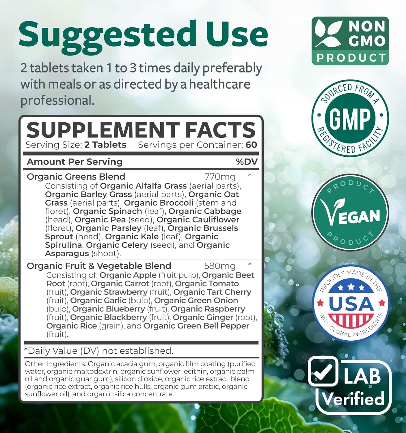 Health’s Harmony USDA Organic Greens, 120 Tablets Convenient Pills Energy Gut