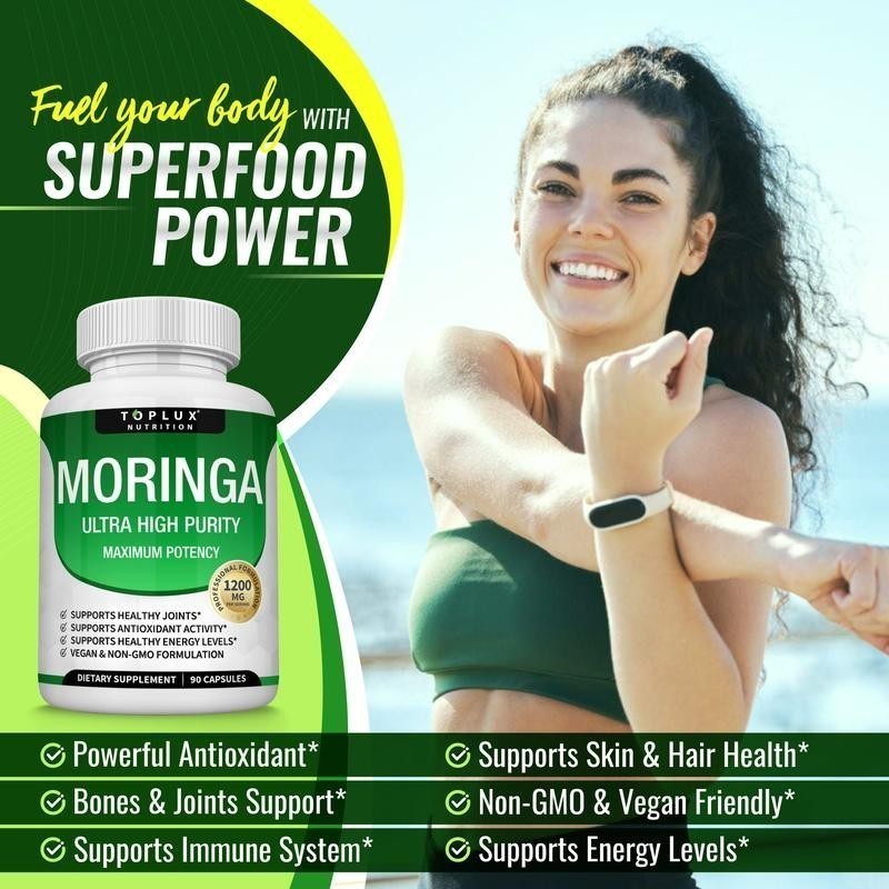 1200mg Pure Moringa Capsules – 90 Count: Support Immune & Gut Function