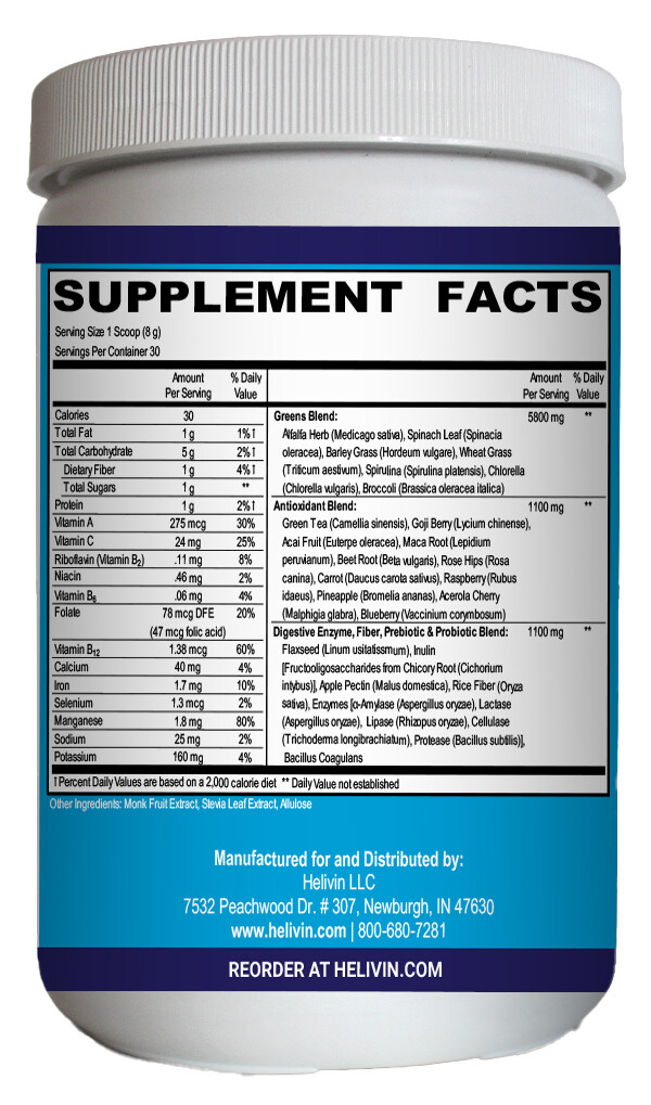 Helivin Greens Superfood Powder – Natural Raw Plant Nutrition with Superfoods