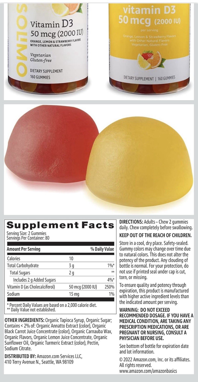 Amazon Basics Vitamin D3 Gummies 50mcg (2000 IU) 160ct Gluten-Free Veg