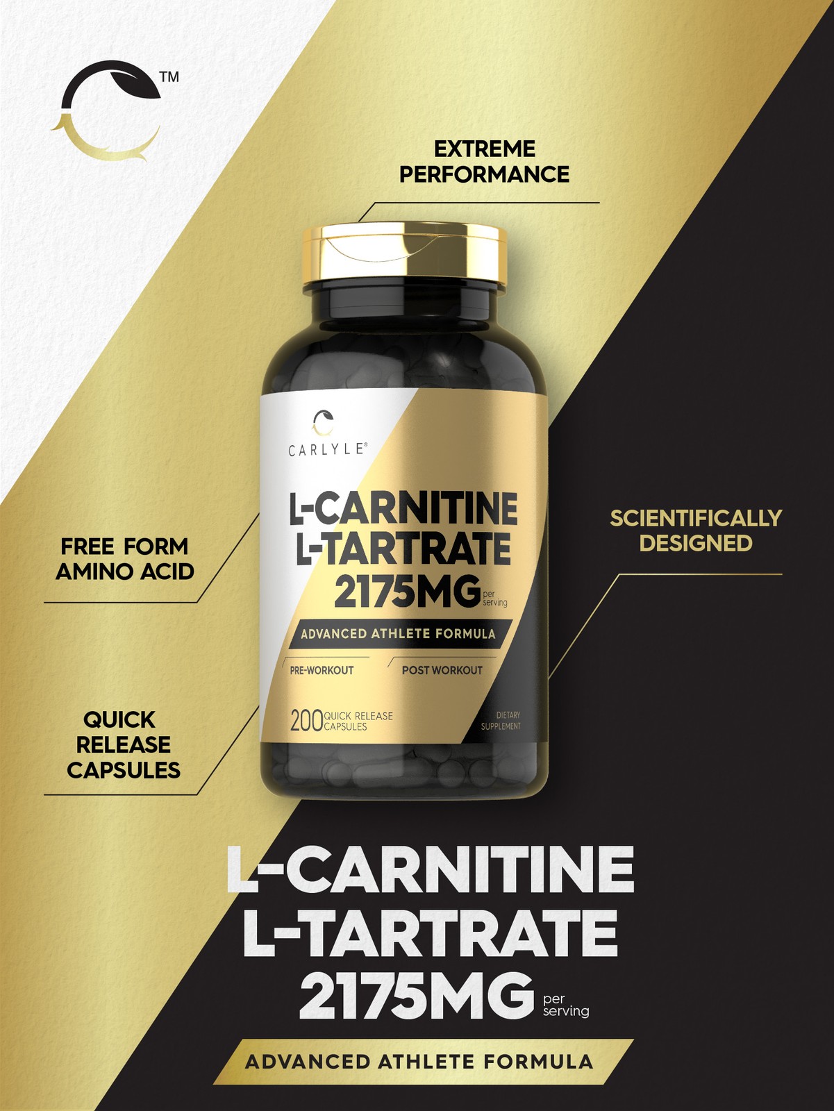 L-Carnitine 2175mg | 200 Capsules | Advanced Athlete Formula | by Carlyle