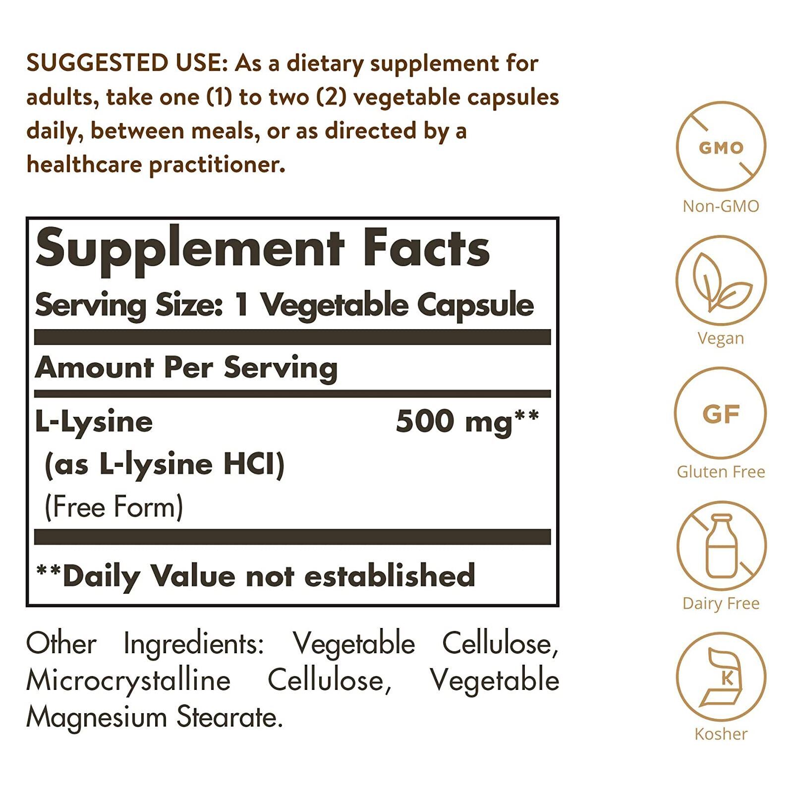 Solgar L-Lysine 500 mg 100 Vegetable Capsules, Skin and Tissue Support