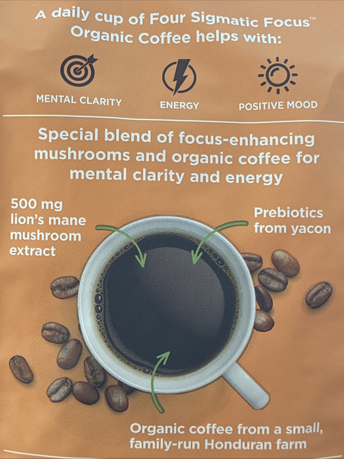Four Sigmatic Focus Organic Coffee Whole Bean Dark Roast 10 oz Lot of 2 Mushroom