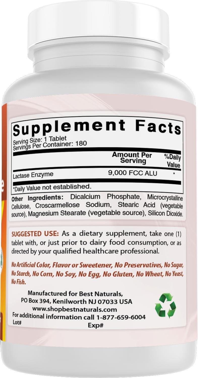 Best Naturals Lactose Intolerance Relief 180 Count (Pack of 1), No Color