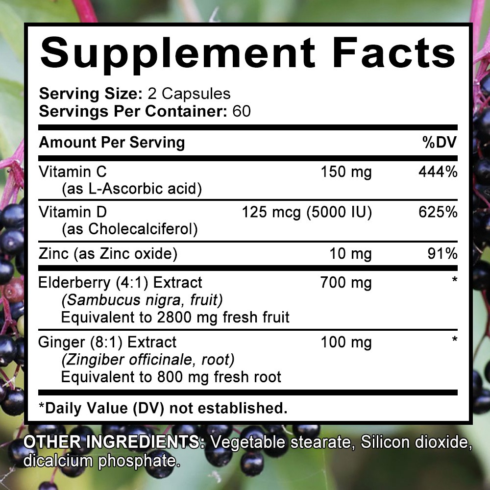 700mg Elderberry+Vitamin C,Zinc,VitaminD3 & Ginger & Immune Support 30~120 Caps