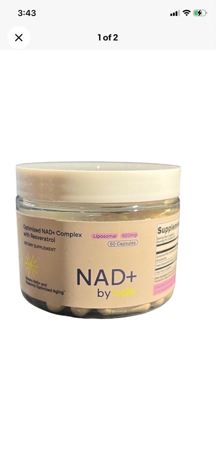NAD+ by Belle Optimized NAD+ Complex with Resveratrol 500mg Liposomal 60Capsules