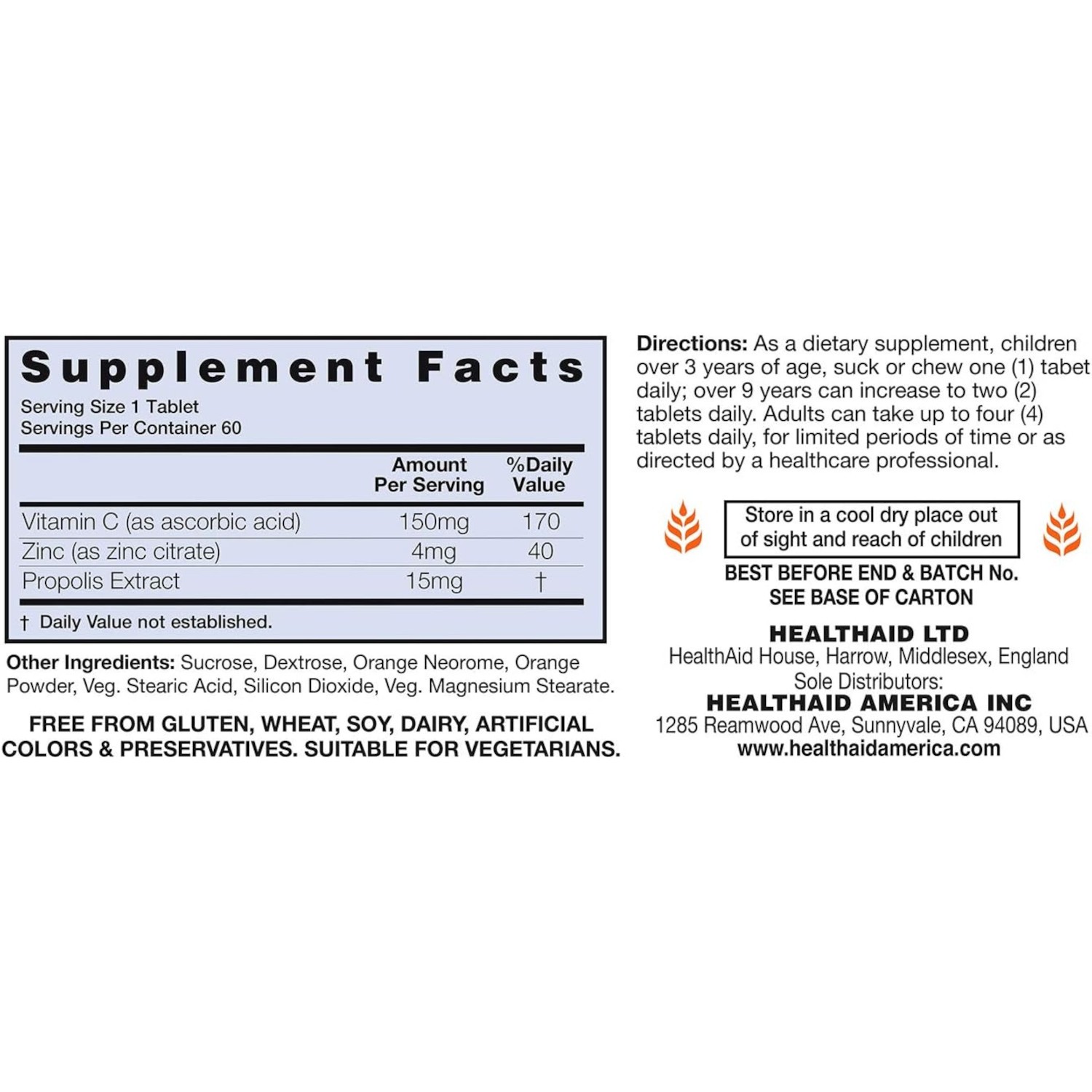 HealthAid Zincovit?C,Vitamin C,Zinc&Propolis Lozenges,60Chewable VegTabs