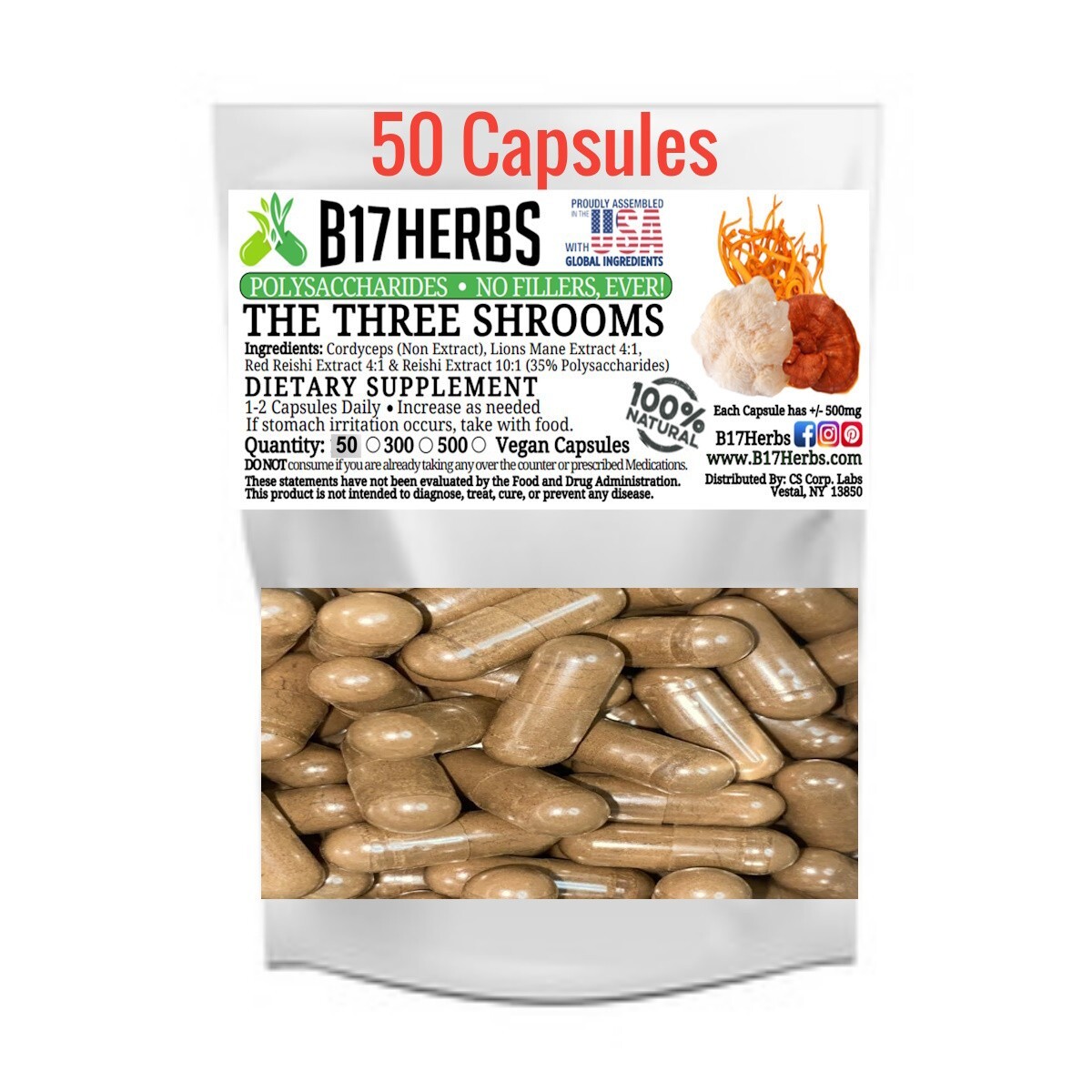 Three Mushroom Blend – Lions Mane, Red Reishi, Cordyceps – 500mg- 50 Veggie Caps