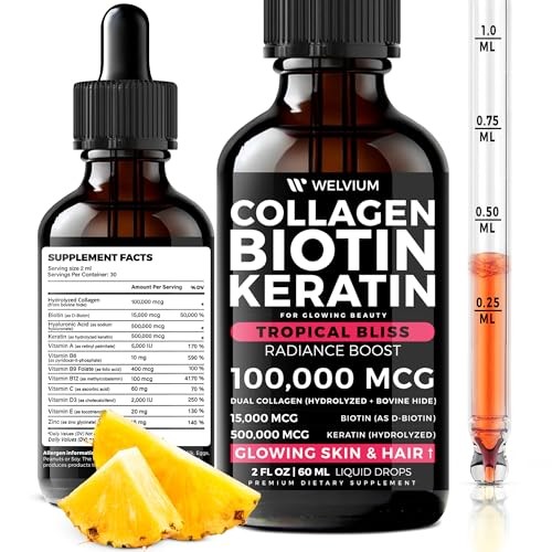 WELVIUM Liquid Biotin and Collagen Peptide Complex with Keratin, Hyaluronic Acid