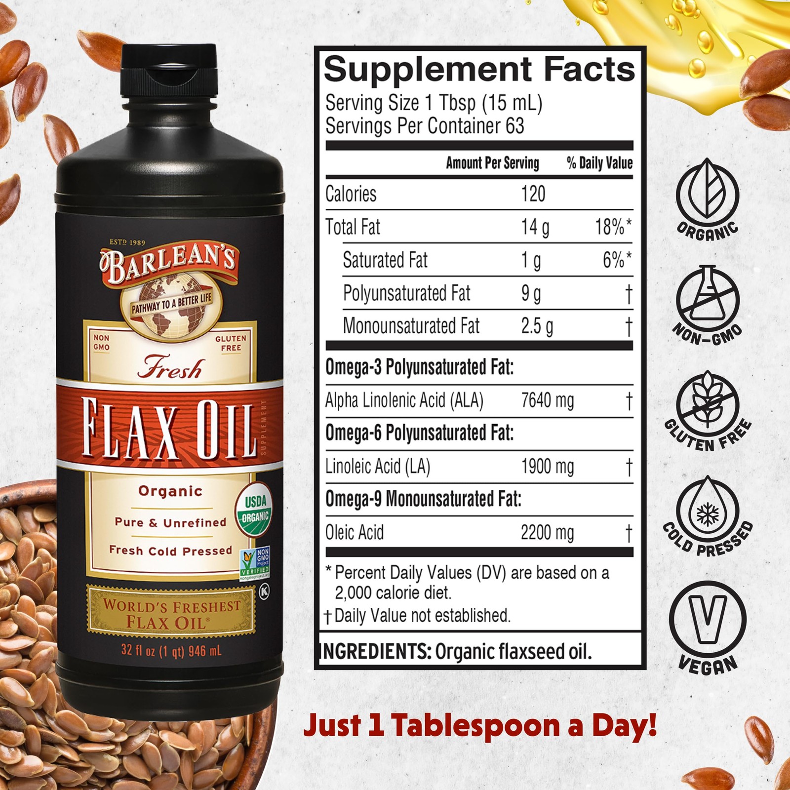 Barlean’s Organic Flaxseed Oil Liquid from 32 Fl Oz (Pack of 1), Default