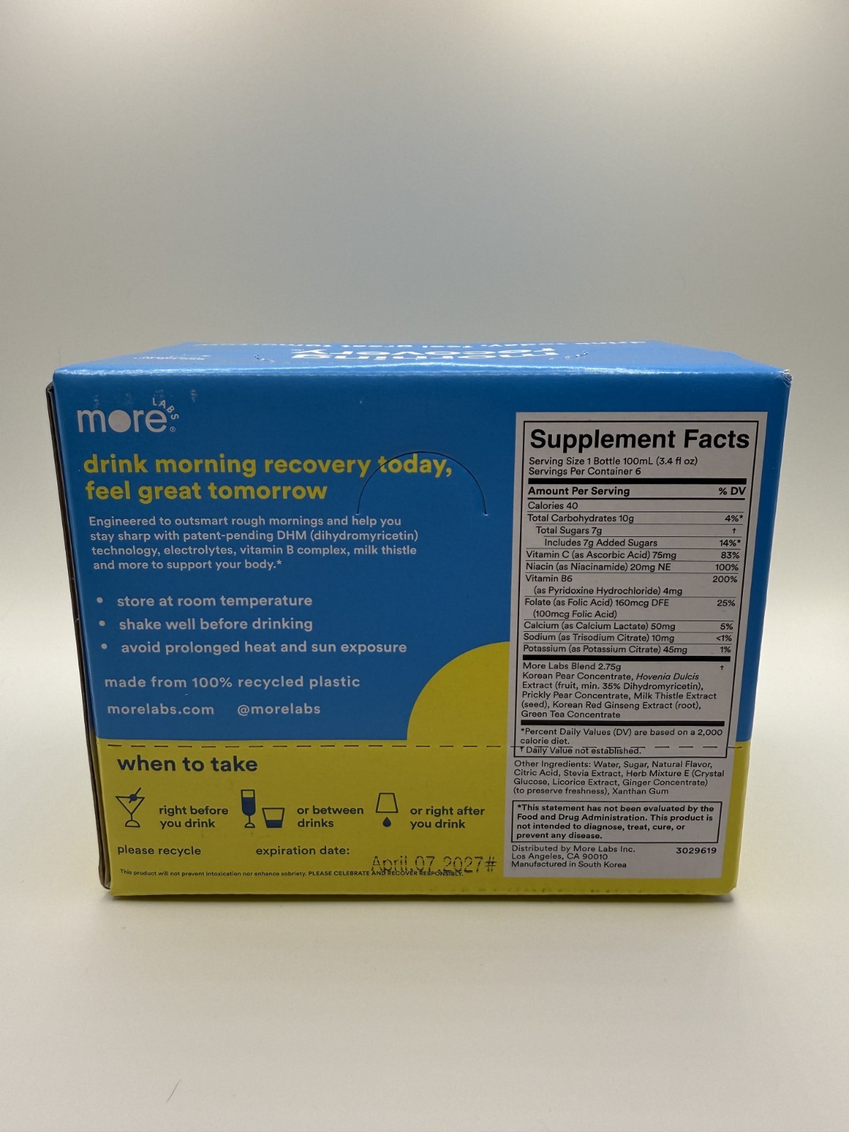 Morning Recovery Hangover Prevention Drink Lemon Flavor 3.4 OZ 6 Pack Brand New