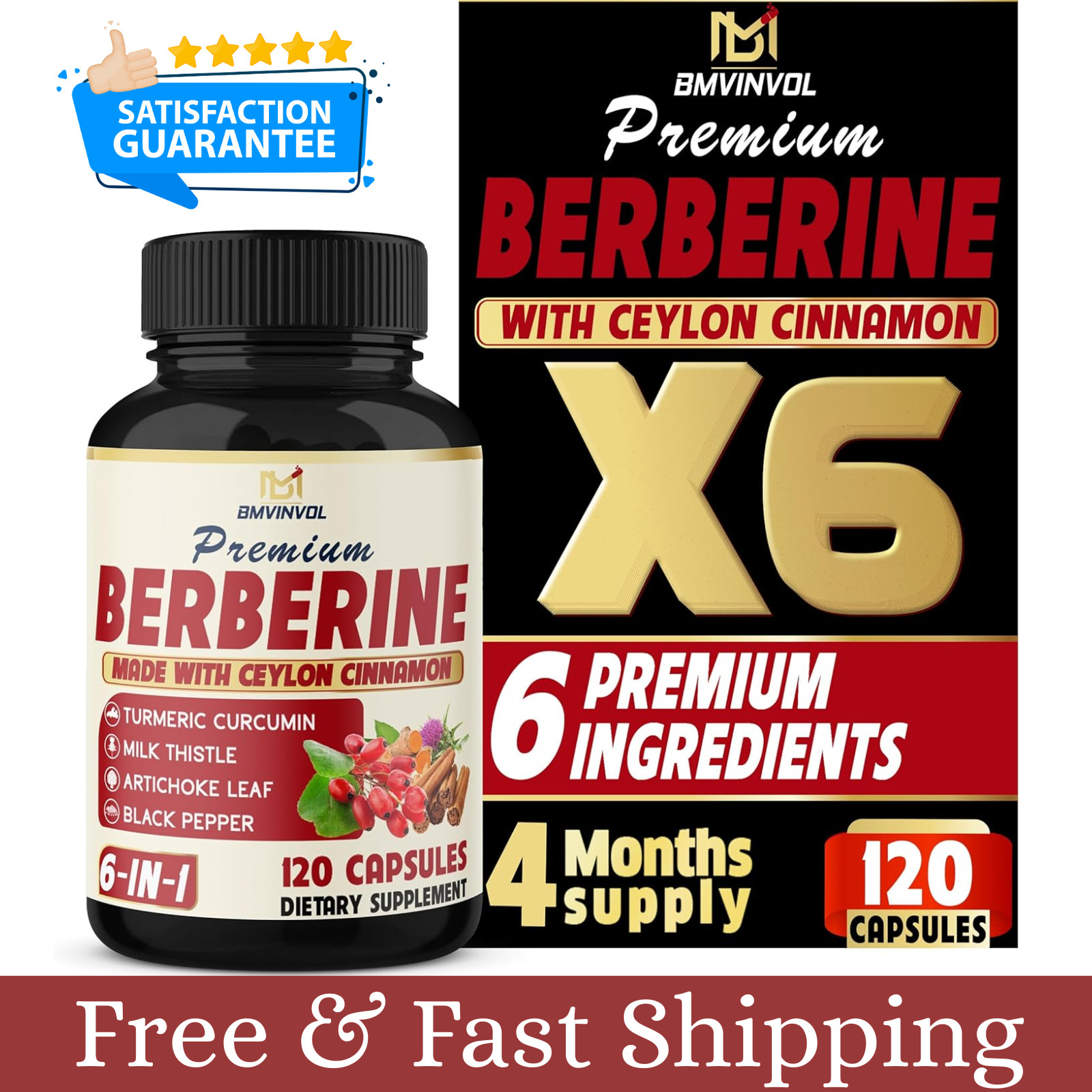 Berberine with Ceylon Cinnamon Tumeric Root, Milk Thistle, 6in1 (120 Capsules)