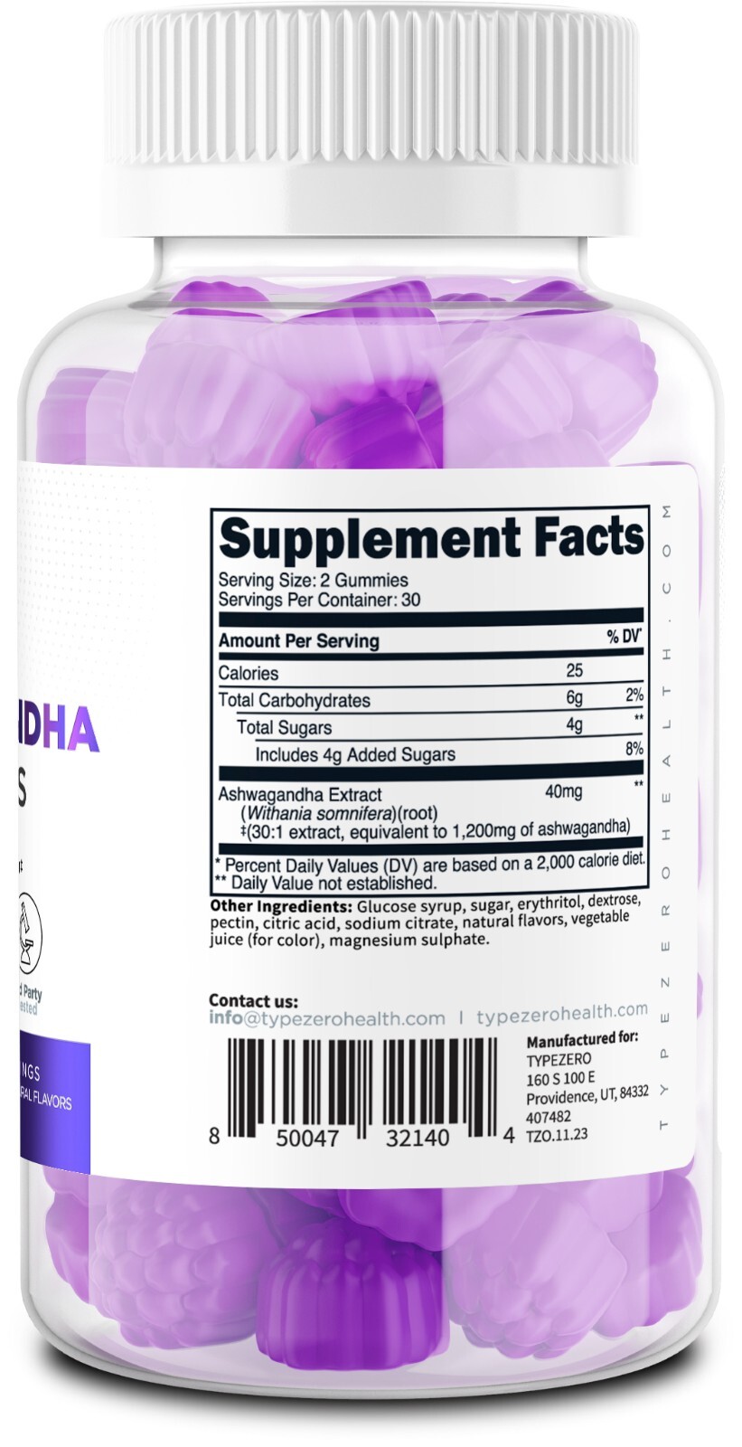 Type Zero Ashwagandha Gummies 1200mg Equivalent (Mixed Berry Flavor) 30 Servings