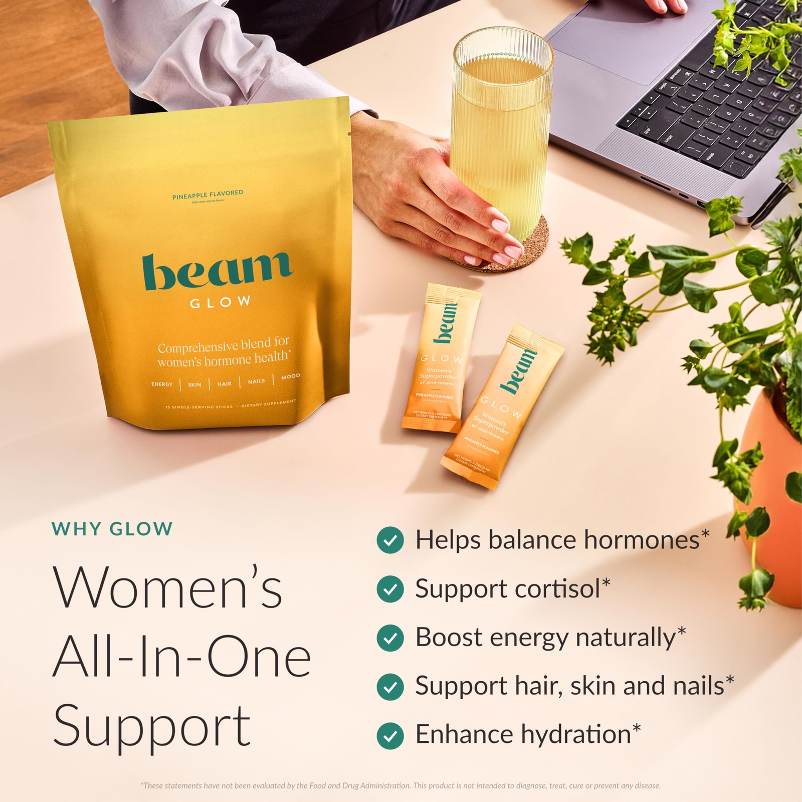 BEAM Glow Women’s Wellness Supplement Powder, Pineapple – 15 Sticks
