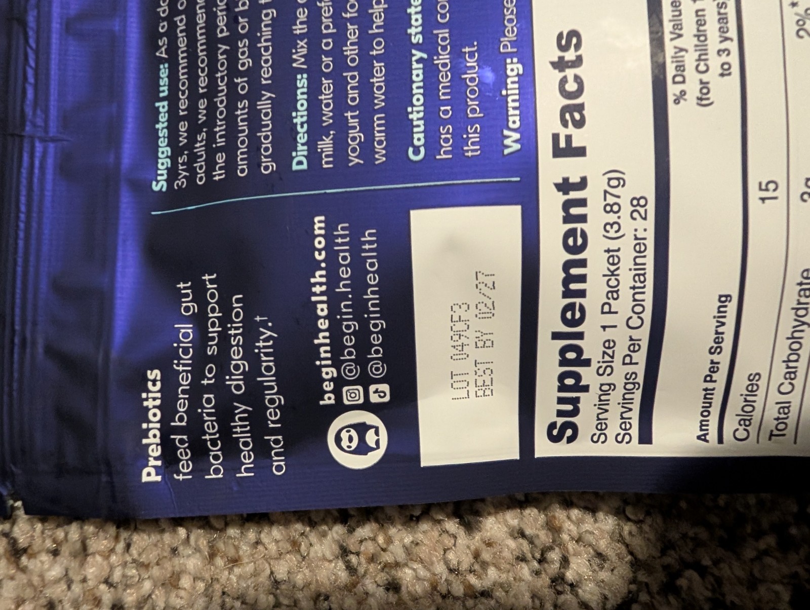 Begin Health Growing Up Prebiotic Unflavored 3 packs of 28+ 16 read description