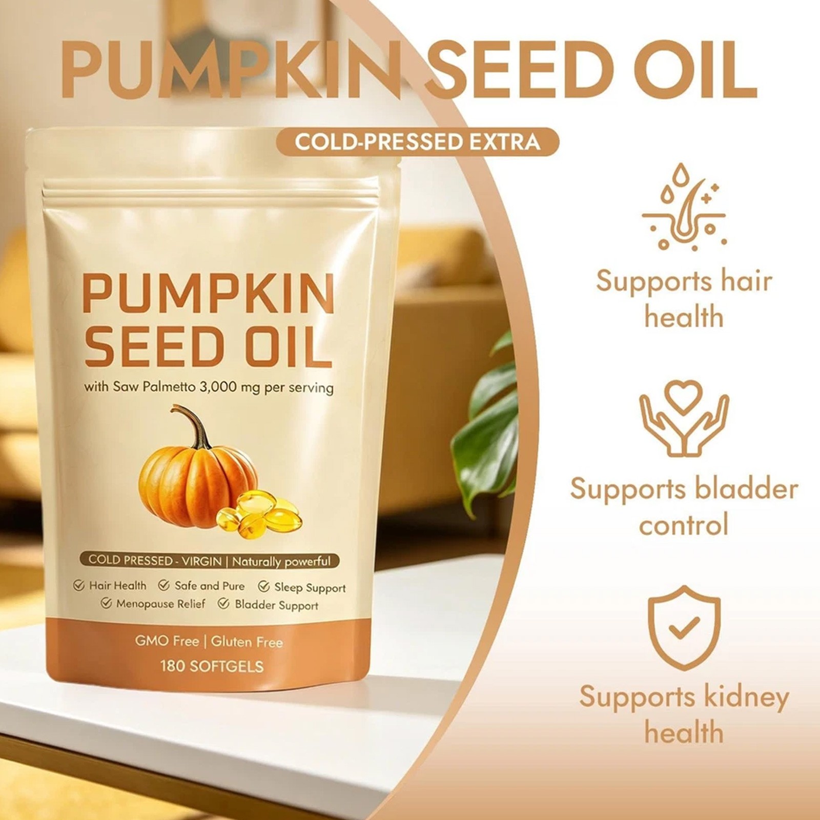 Pumpkin Seed Oil 3000mg Softgels Cold Pressed Virgin Saw Palmetto 180Count