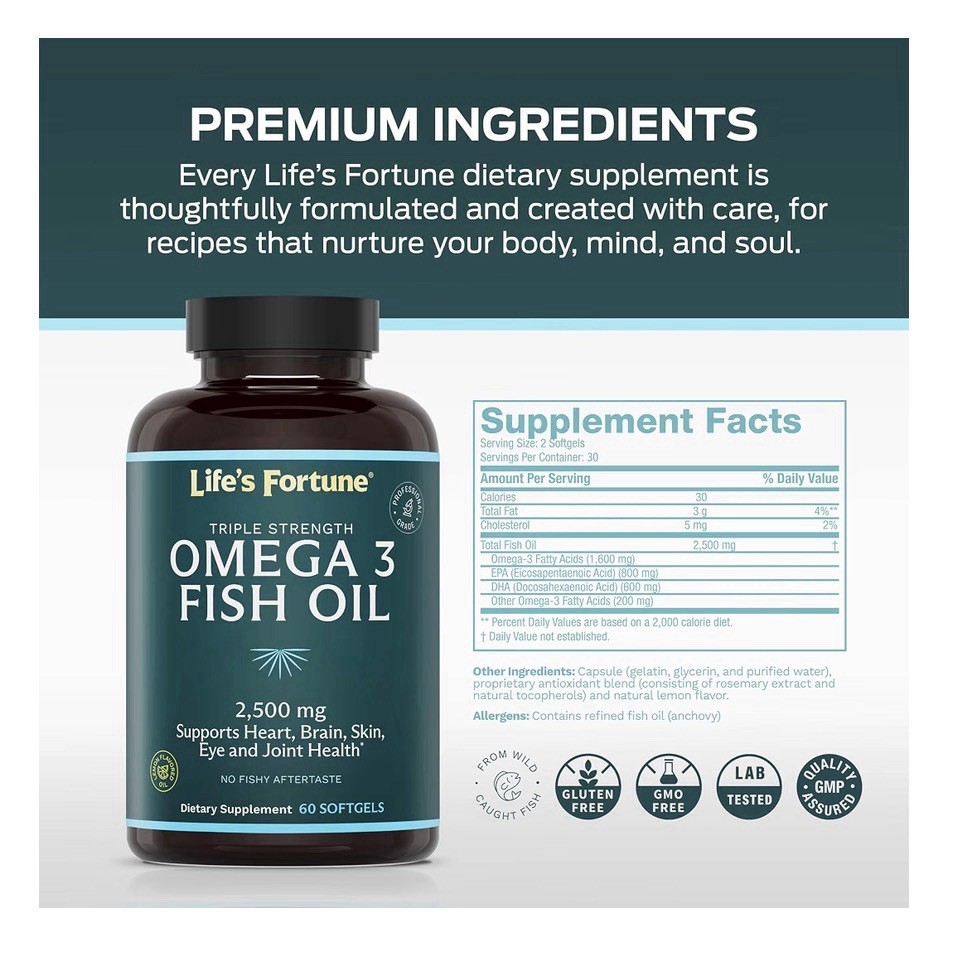 Life’s Fortune Omega 3 Fish Oil 2500 mg Heart Brain Skin Eye Joint Health 120sg