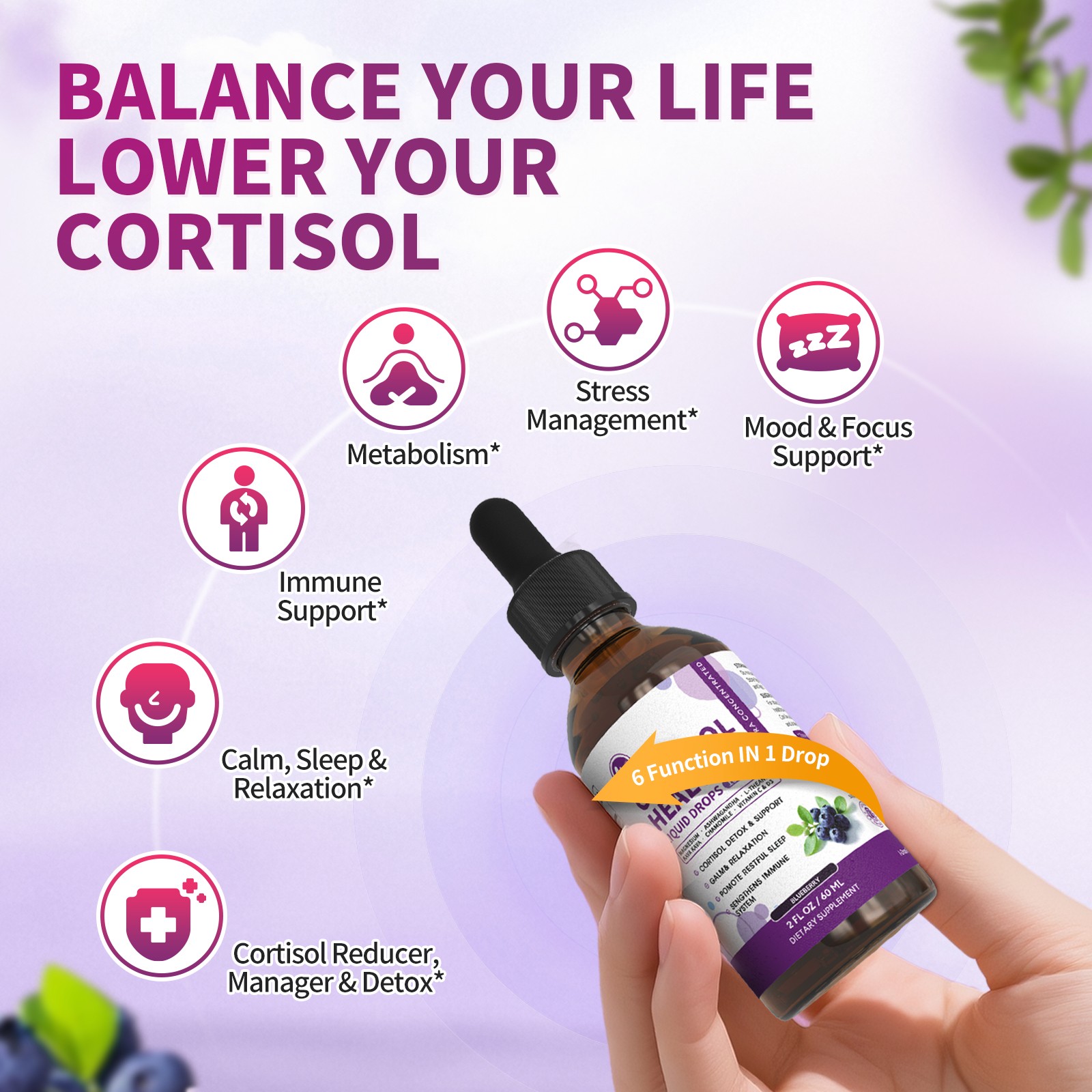 Cortisol Supplements for with Magnesium, Ashwagandha Mood, Focus, Sleep -2 FL.OZ