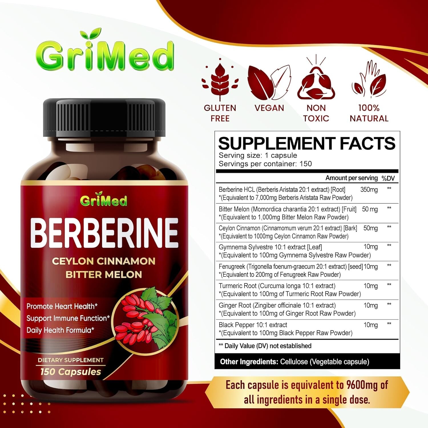 Premium Berberine with Ceylon Cinnamon 9,600mg 150 Caps Heart Health & Immune US