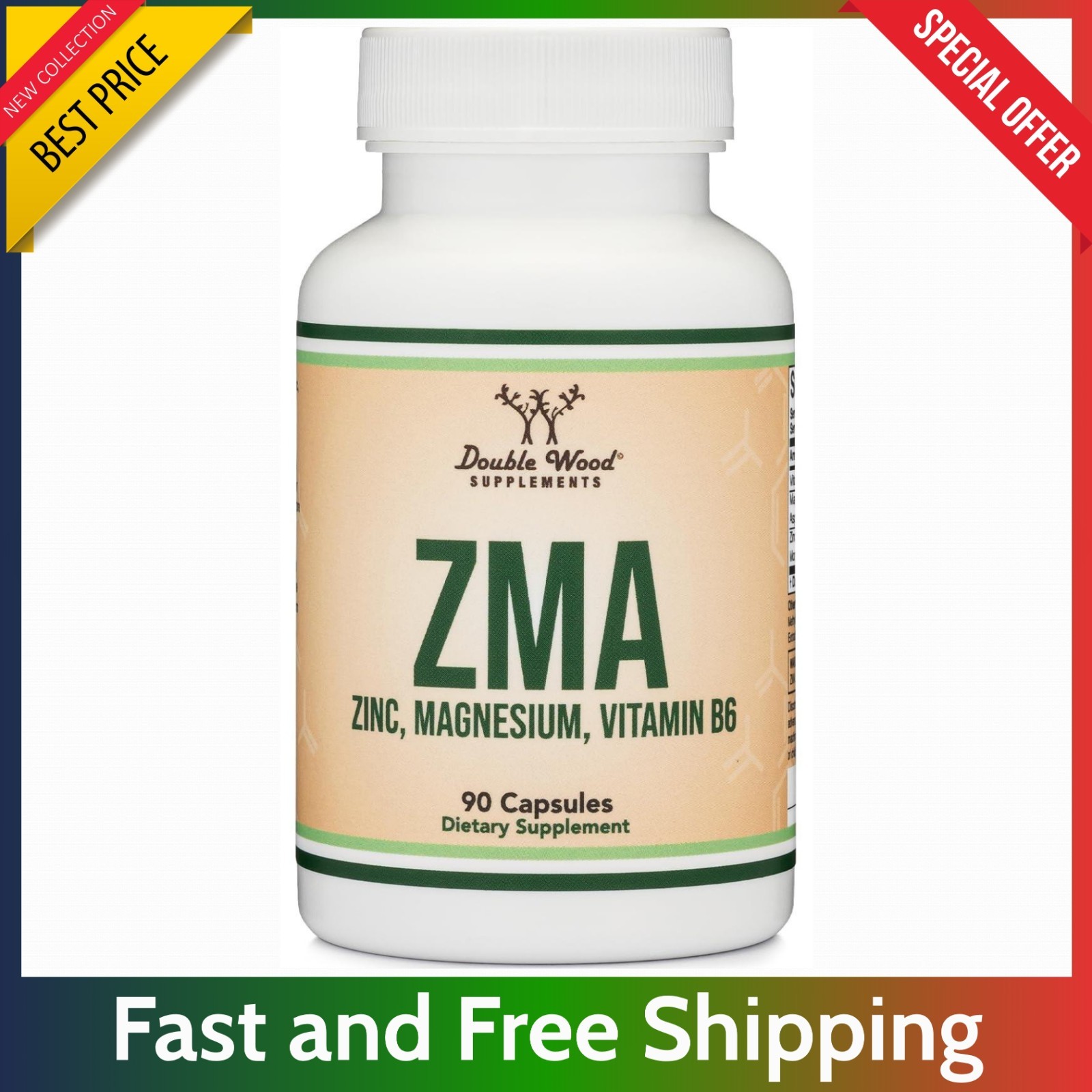 Double Wood ZMA Supplement 90 Capsul – Zinc Magnesium B6 Restful Sleep Support..