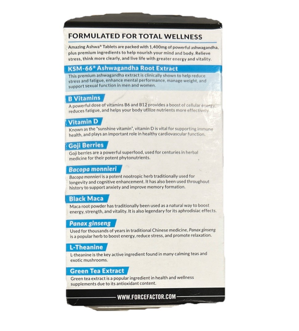 Force Factor Amazing Ashwa Tablets Ashwagandha Supplement 120 Tablets 12/27+
