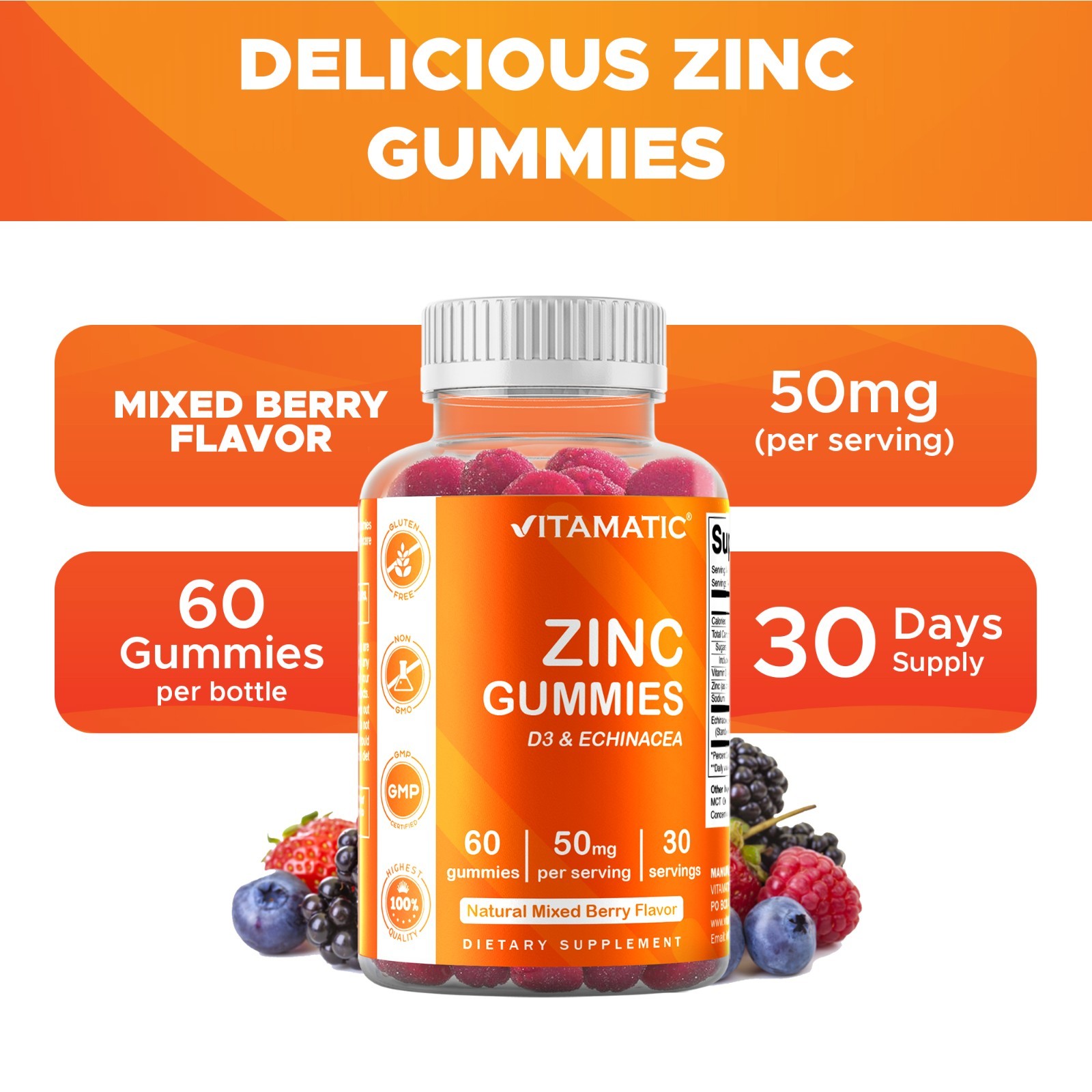 Vitamatic Zinc 50mg Gummies – 60 Vegan Gummies – Gluten Free