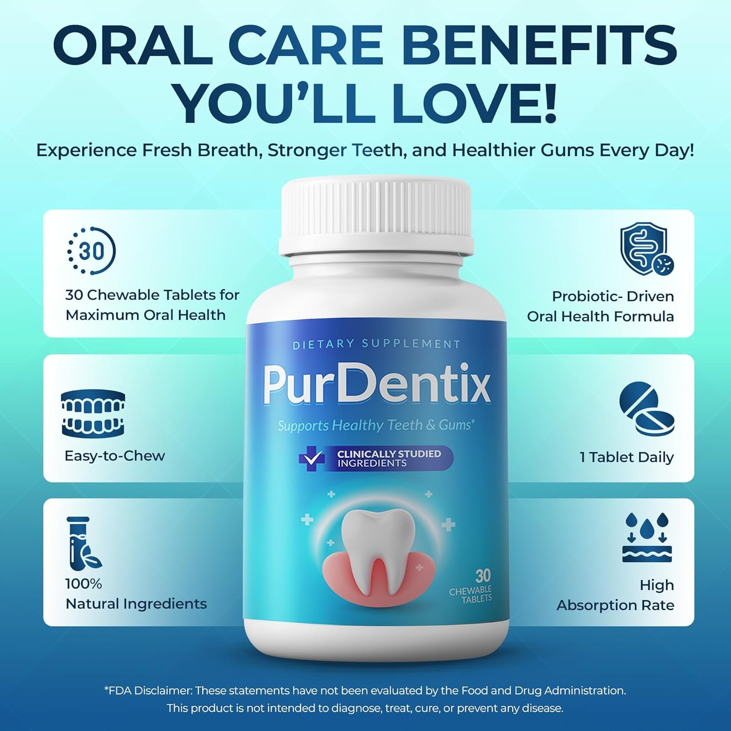 Teeth Gums Support 30 Tablets Oral Health Probiotic Supplement 4-Strain Formula