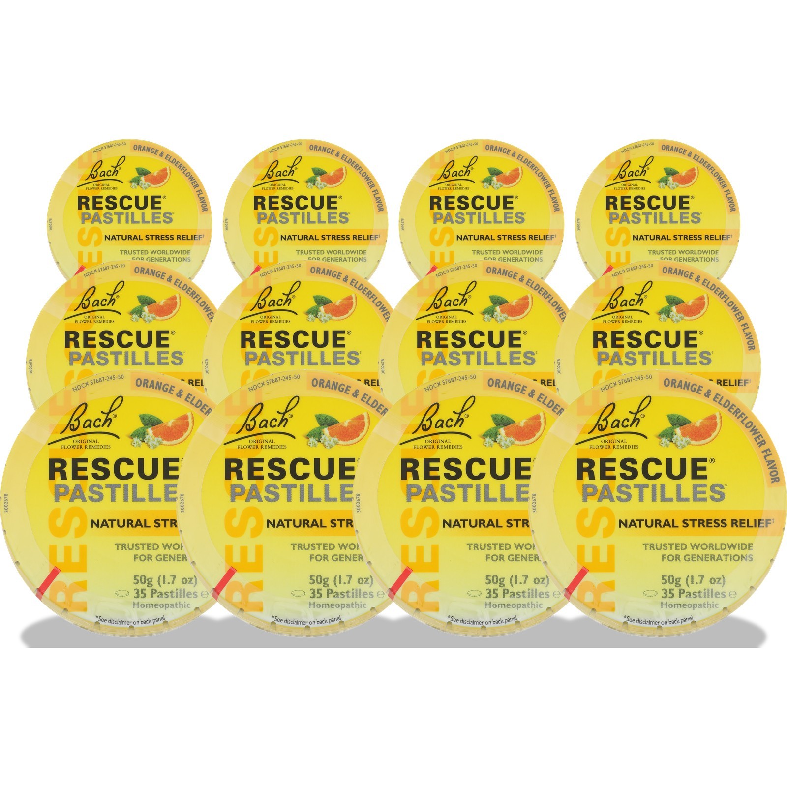 Bach Rescue Pastilles Natural Stress Relief Orange Elderflower 50G 50 G 12 Pack