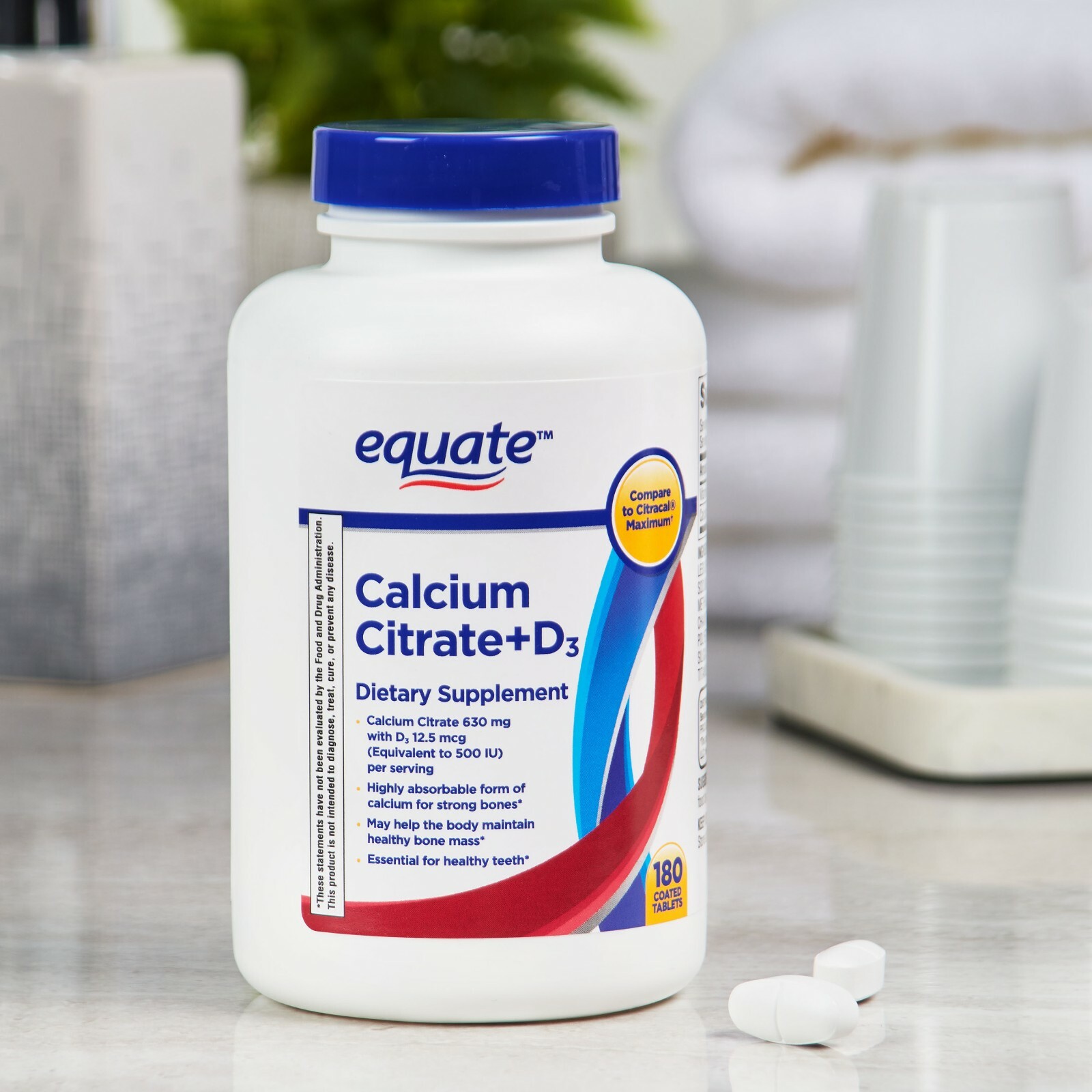 Equate Calcium Citrate + D3 Coated Tablets, 180 Count Bone & Joint Health Bone.+