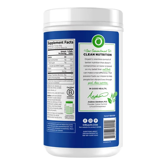 Orgain Collagen Creatine Powder Unflavored 1.95 lb Grass Fed Collagen Peptides