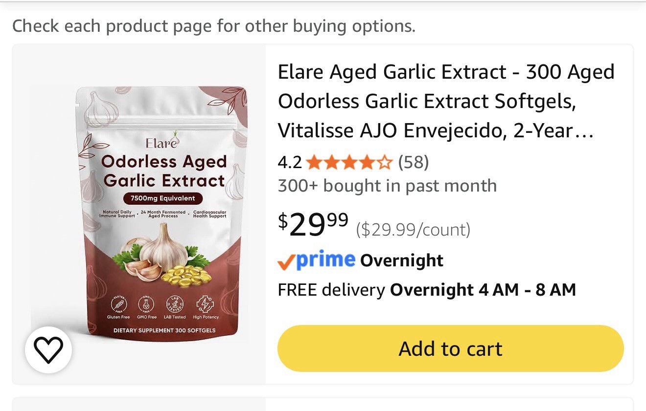 Elare Odorless Aged Garlic Extract 7500mg Eq 300 Softgels Immune Support