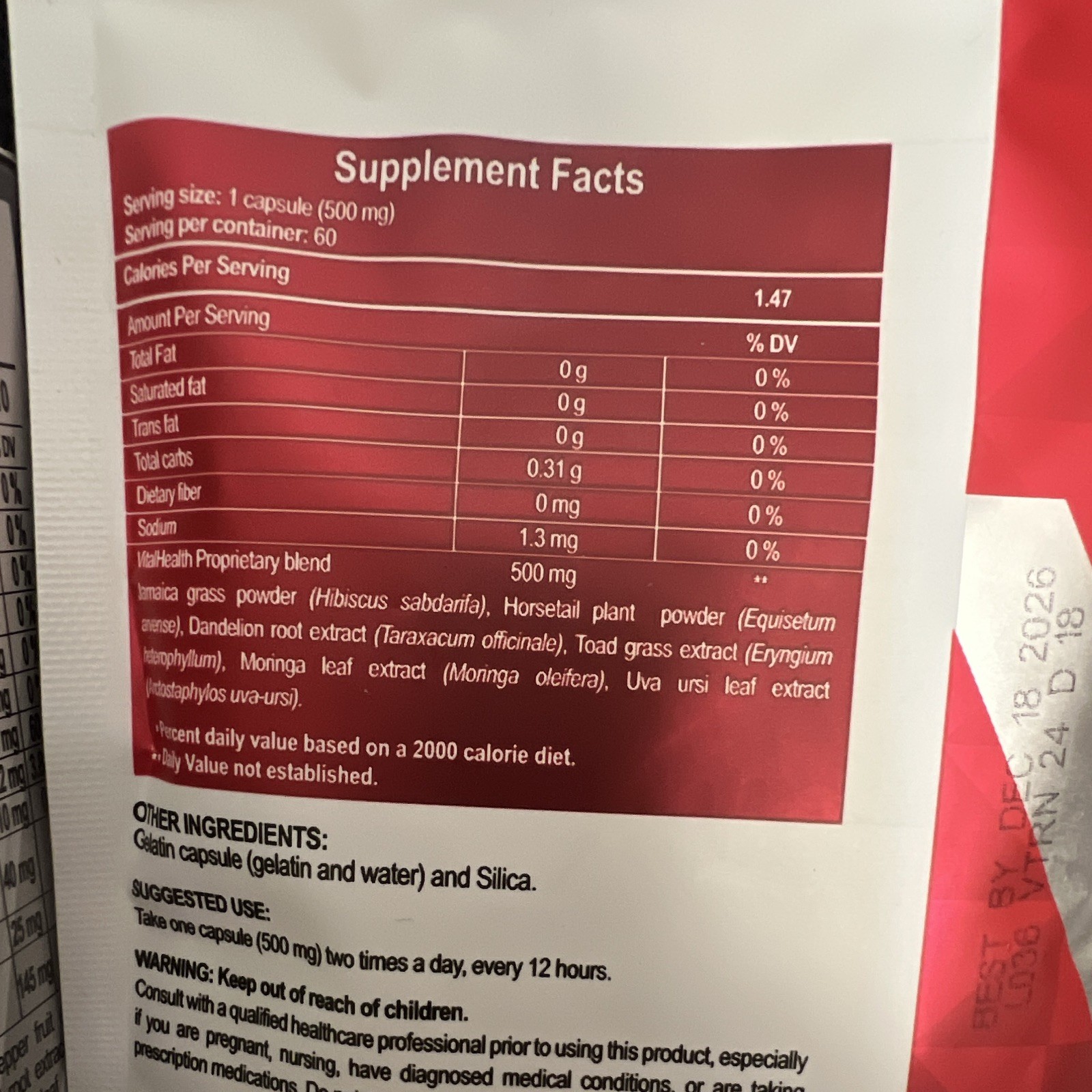 VitalHealth V-TAREN Dandelion Moringa Uva Ursi 500mg 60 Capsules Non-GMO