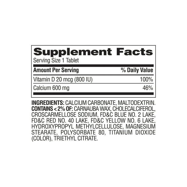 Equate Calcium + D3 Tablets Dietary Supplement, 600 mg, 120 Count