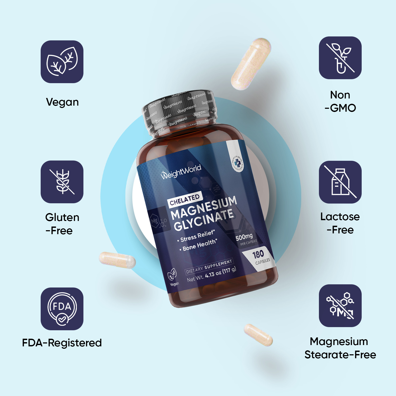 WeightWorld Magnesium Glycinate 500mg 180 Capsules – Bone & Stress Support