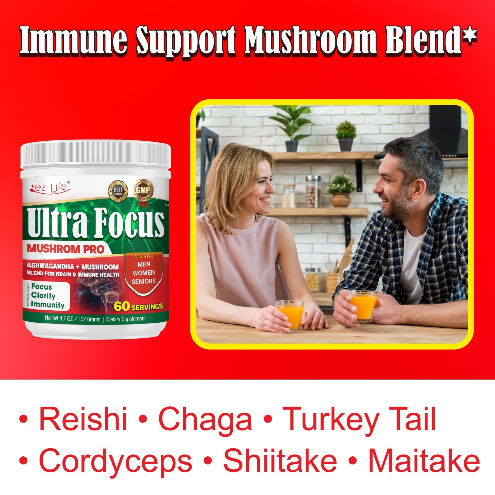Organic Mushroom Powder For Energy, Focus & Immunity, Drink Mix- 60 Servings