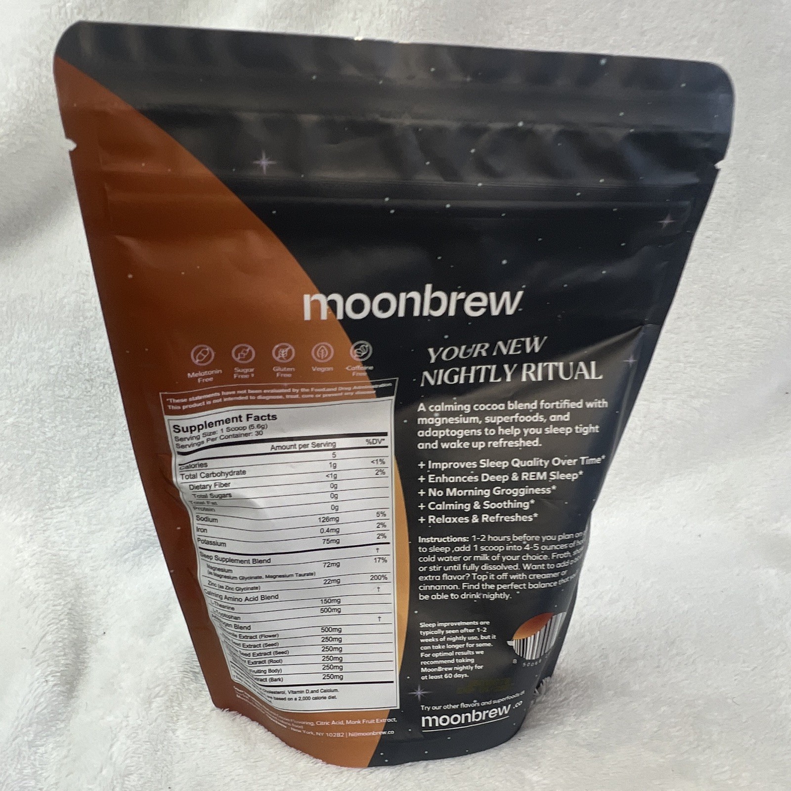 moonbrew Nighttime Sleep Support Hot Cocoa Powder Sugar-Free Vegan 5.95 oz