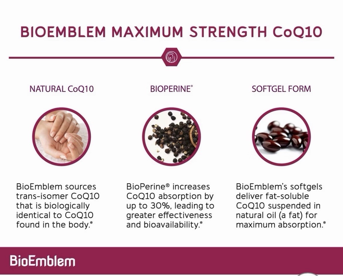 BioEmblem CoQ10 200mg Heart Health + BioPerine 90 Softgels Non-GMO Exp 01/2026